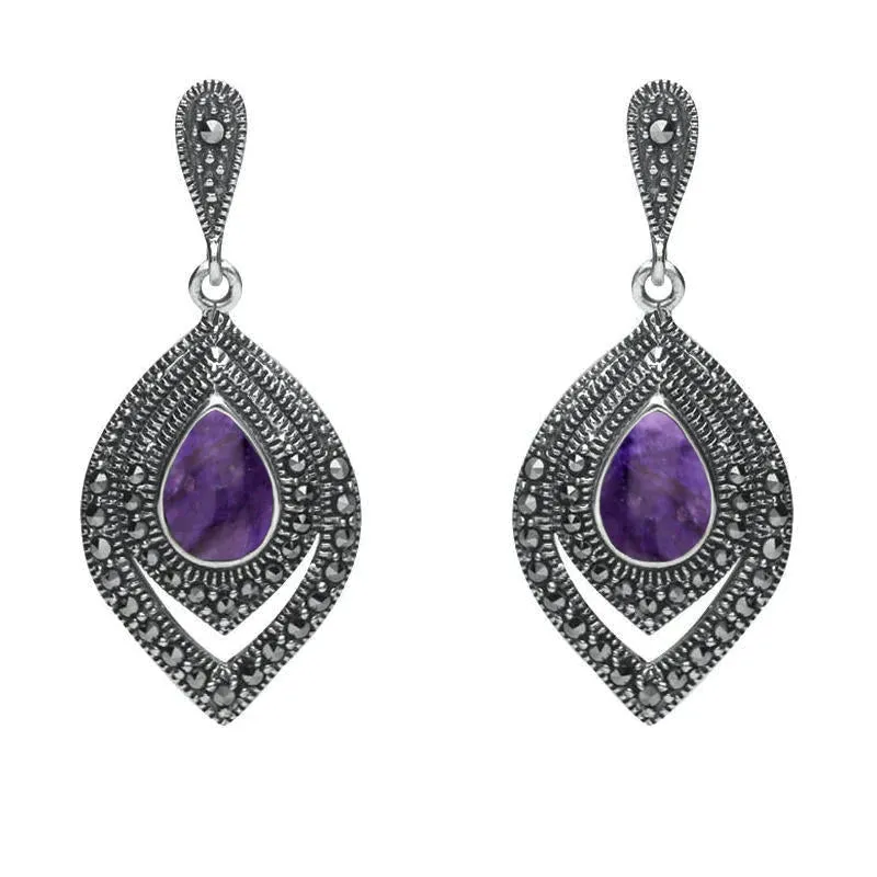 Sterling Silver Blue John and Marcasite Fancy Pear Drop Two Piece Set