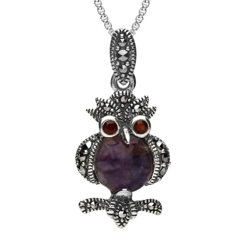 Sterling Silver Blue John Marcasite Garnet Owl Necklace