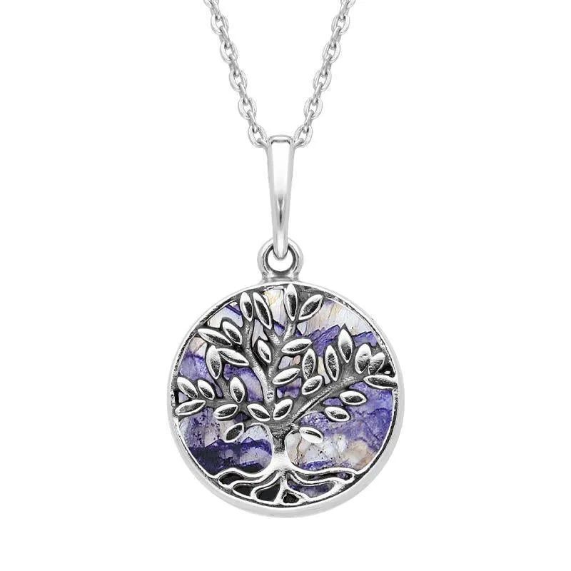 Sterling Silver Blue John Small Round Large Leaves Tree of Life Necklace