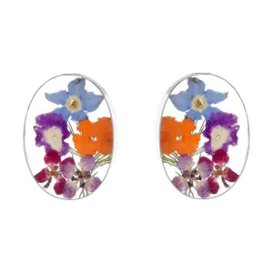 Sterling Silver Floral Mixed Petal Oval Stud Earrings