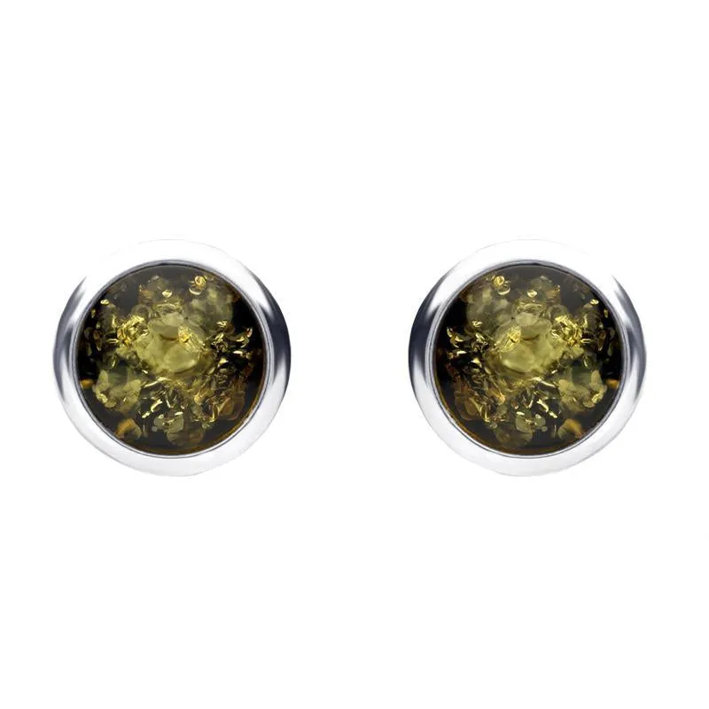 Sterling Silver Green Amber Round Stud Earrings