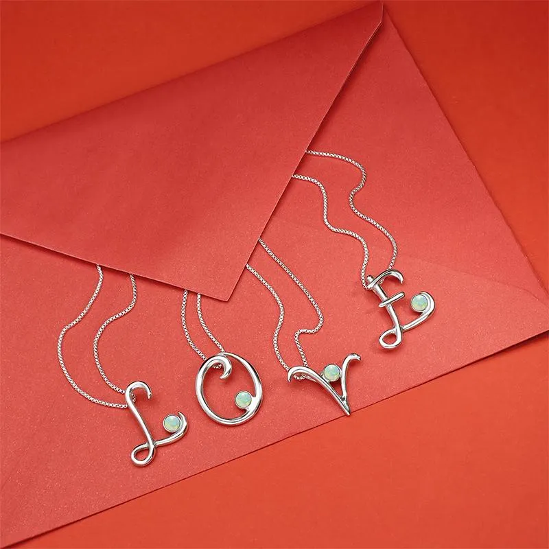 Sterling Silver Opal Love Letters Initial V Necklace