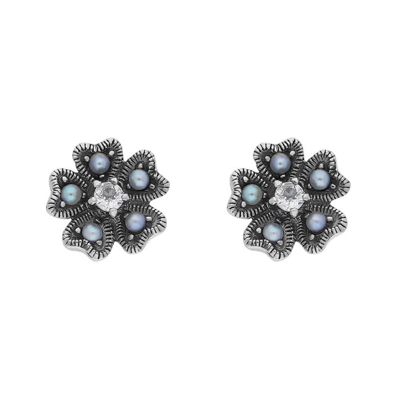Sterling Silver Pearl Marcasite Flower Stud Earrings