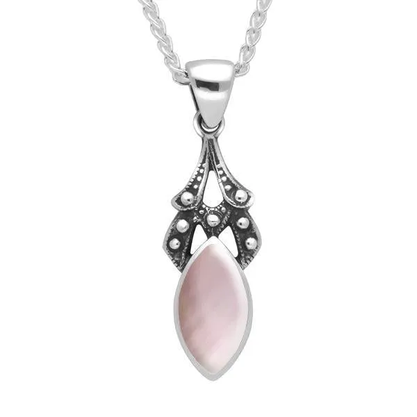 Sterling Silver Pink Mother of Pearl Marquise Drop Necklace