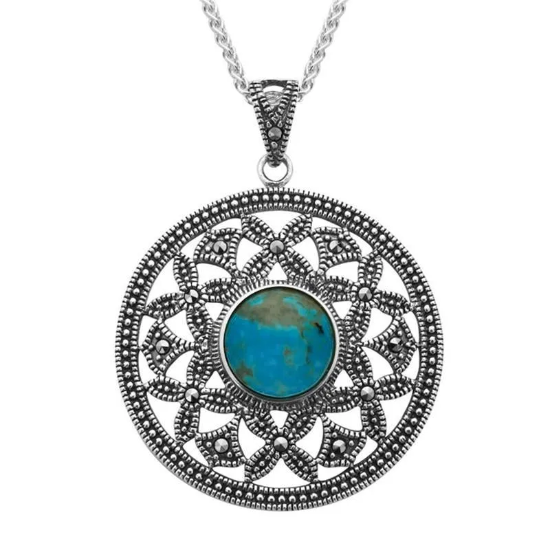 Sterling Silver Turquoise Marcasite Open Circle Necklace