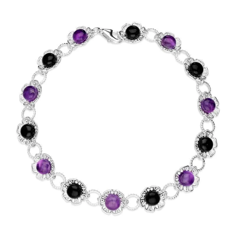 Sterling Silver Whitby Jet Amethyst Flower Bracelet
