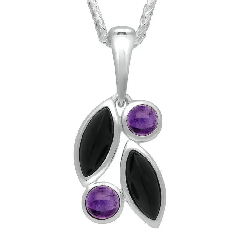 Sterling Silver Whitby Jet Amethyst Four Stone Leaf Necklace