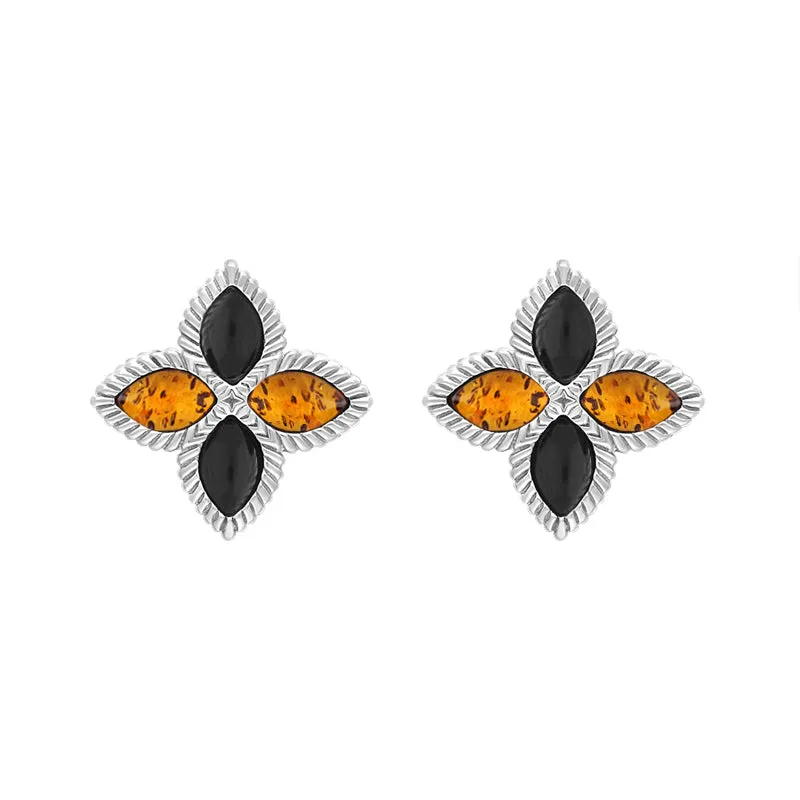 Sterling Silver Whitby Jet And Amber Eden Marquise Flower Stud Earrings