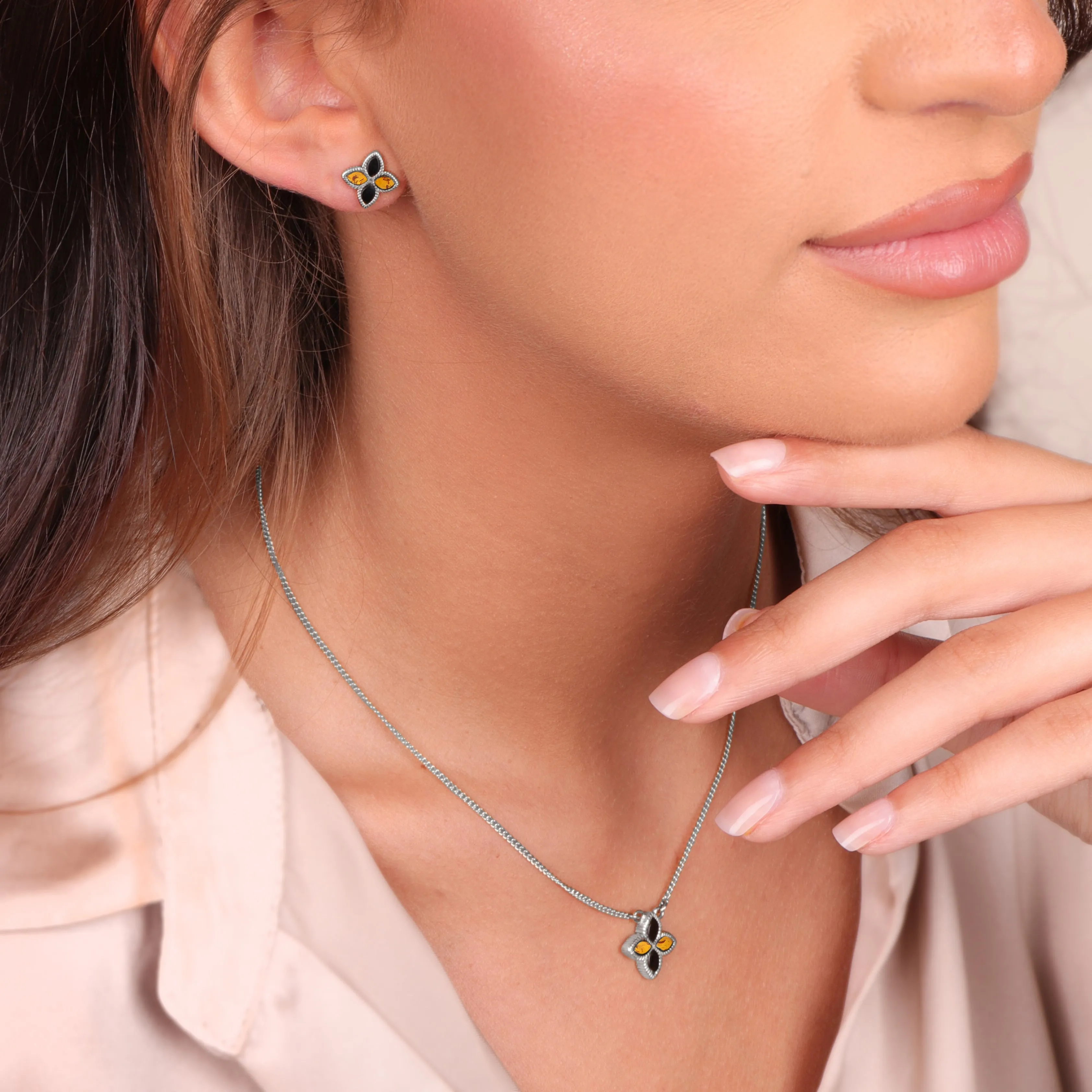 Sterling Silver Whitby Jet And Amber Eden Marquise Flower Stud Earrings