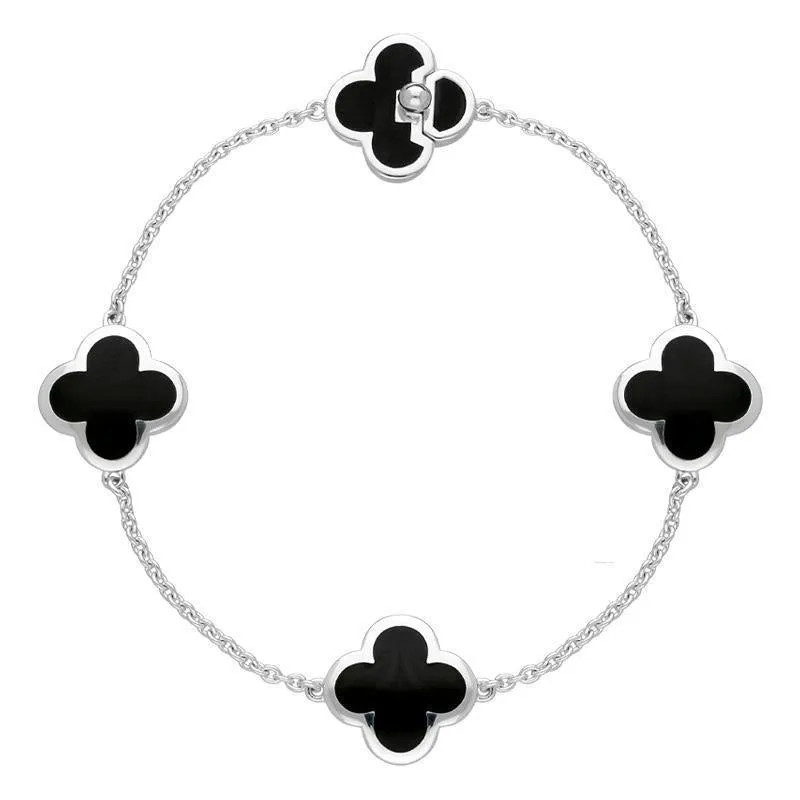 Sterling Silver Whitby Jet Bloom Four Stone Four Leaf Clover Chain Bracelet D