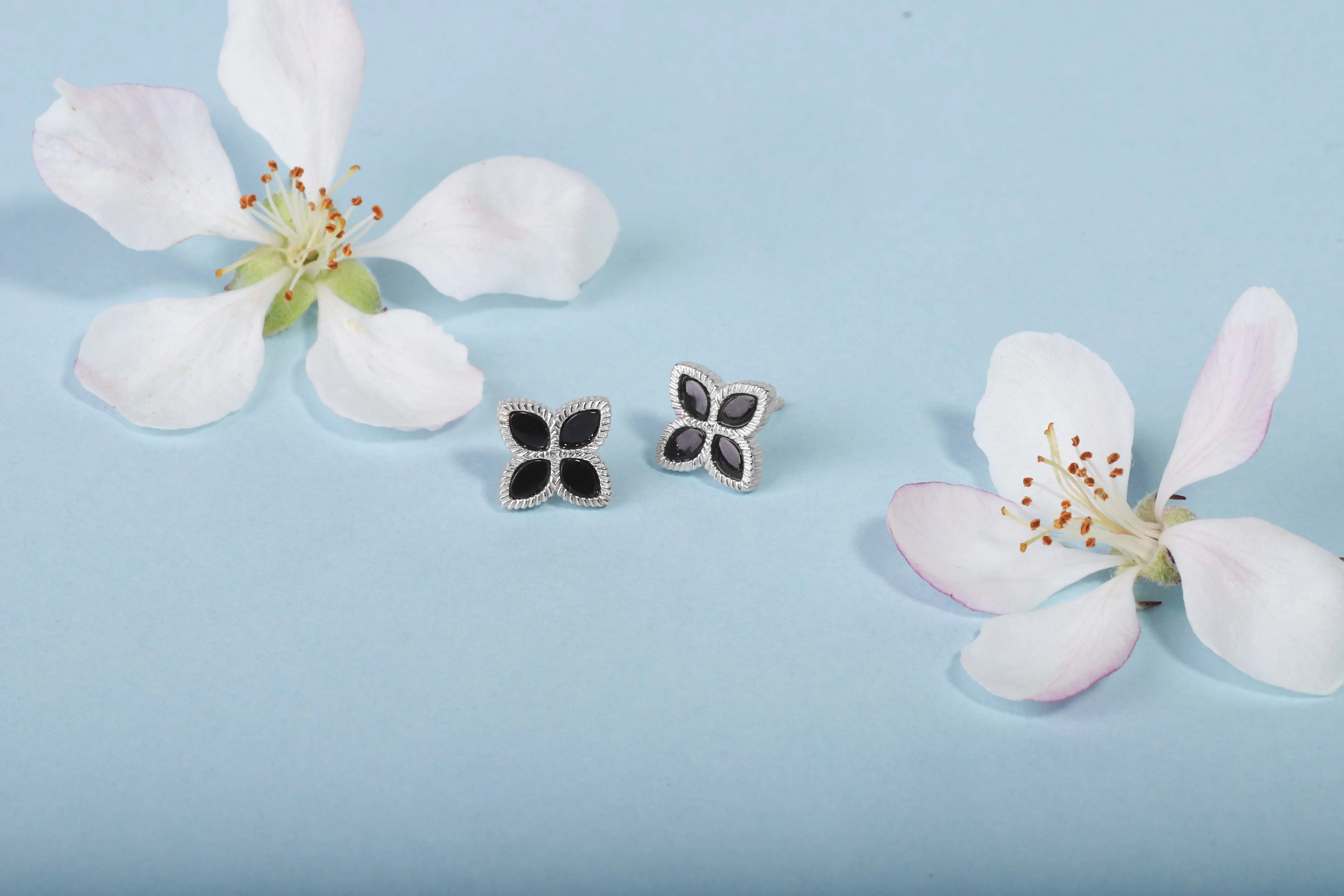 Sterling Silver Whitby Jet Eden Marquise Flower Stud Earrings