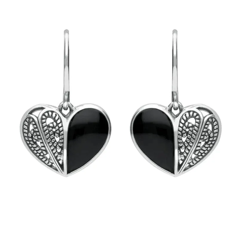 Sterling Silver Whitby Jet Half Stone Heart Hook Earrings
