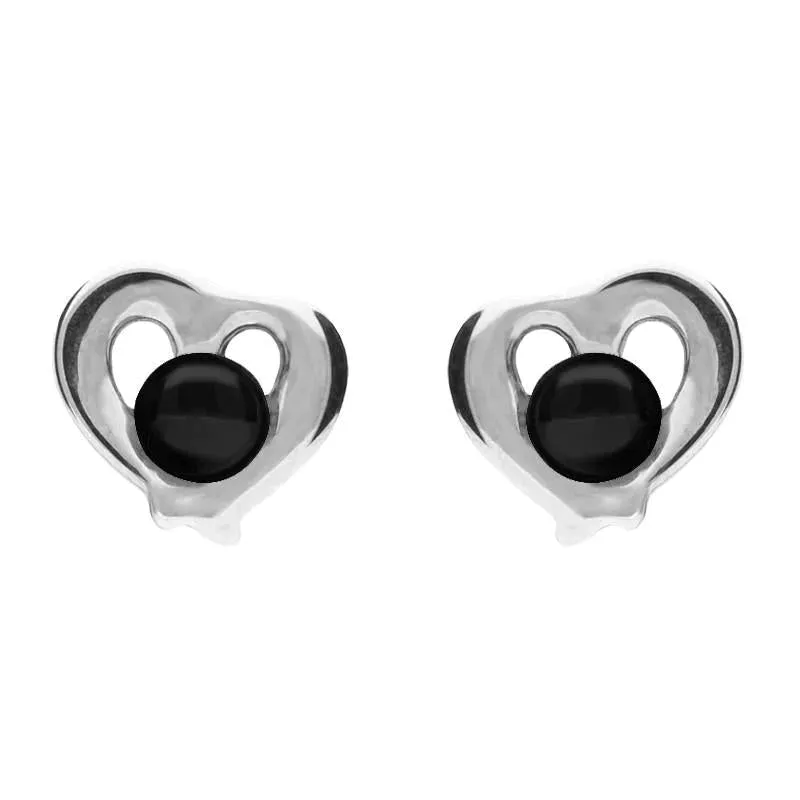 Sterling Silver Whitby Jet Heart Outline Stud Earrings