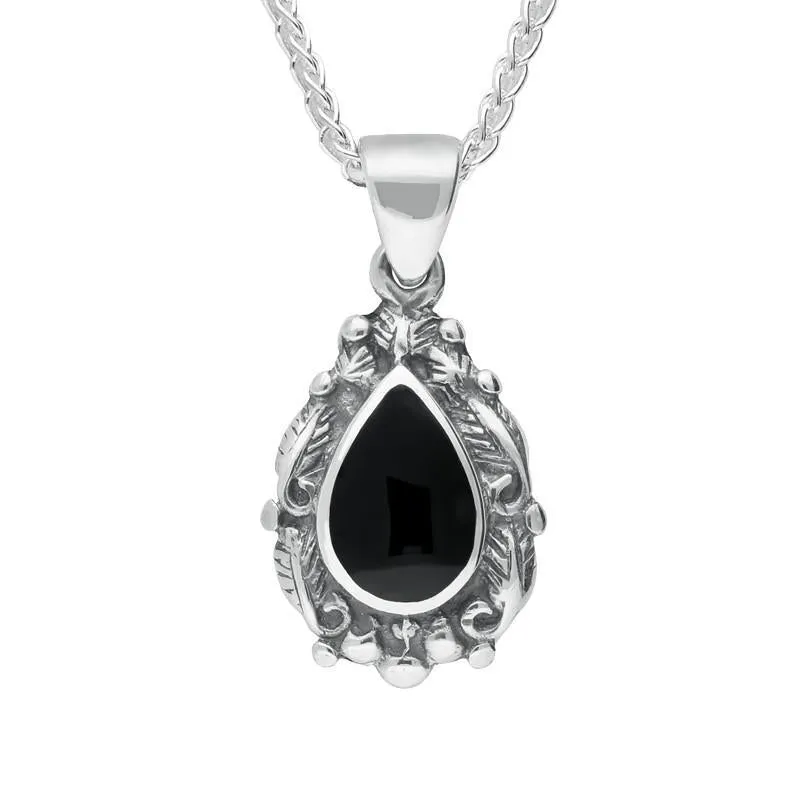 Sterling Silver Whitby Jet Heritage Pear Shaped Leaf Drop Necklace
