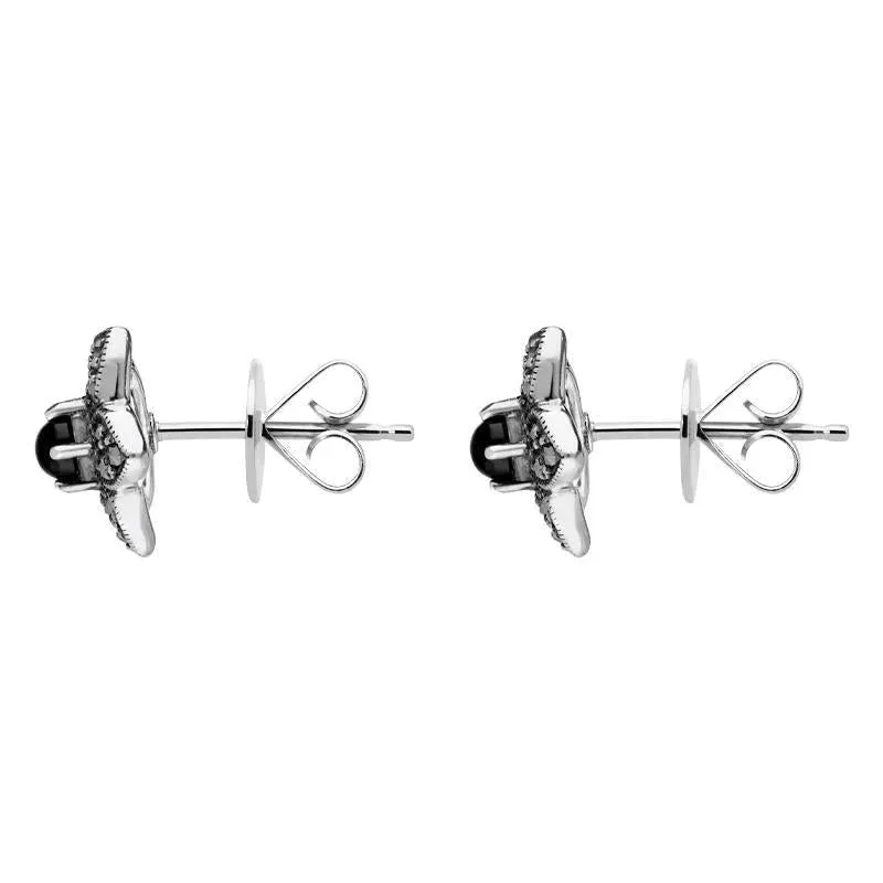Sterling Silver Whitby Jet Marcasite Flower Stud Earrings