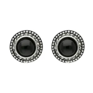 Sterling Silver Whitby Jet Marcasite Large Round Framed Stud Earrings