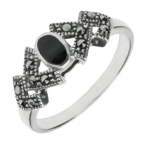 Sterling Silver Whitby Jet Marcasite Oval Triangle Ring