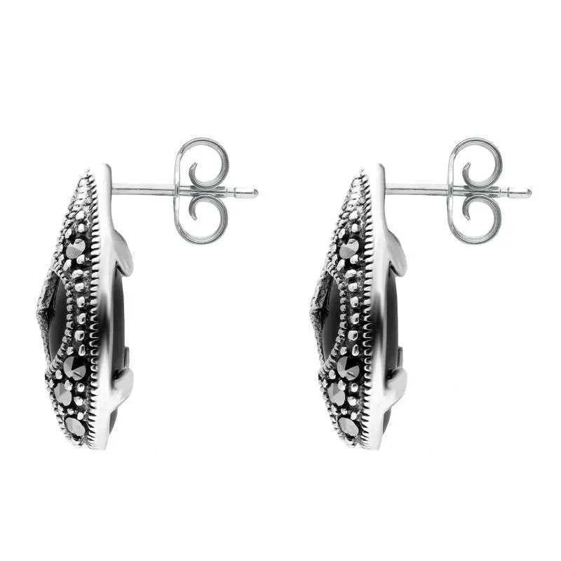 Sterling Silver Whitby Jet Marcasite Pear Shaped Stud Earrings