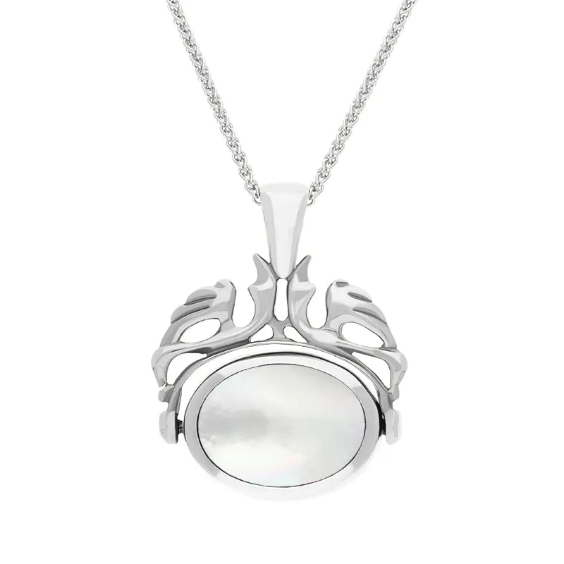 Sterling Silver Whitby Jet Mother Of Pearl Double Sided Oval Swivel Fob Necklace