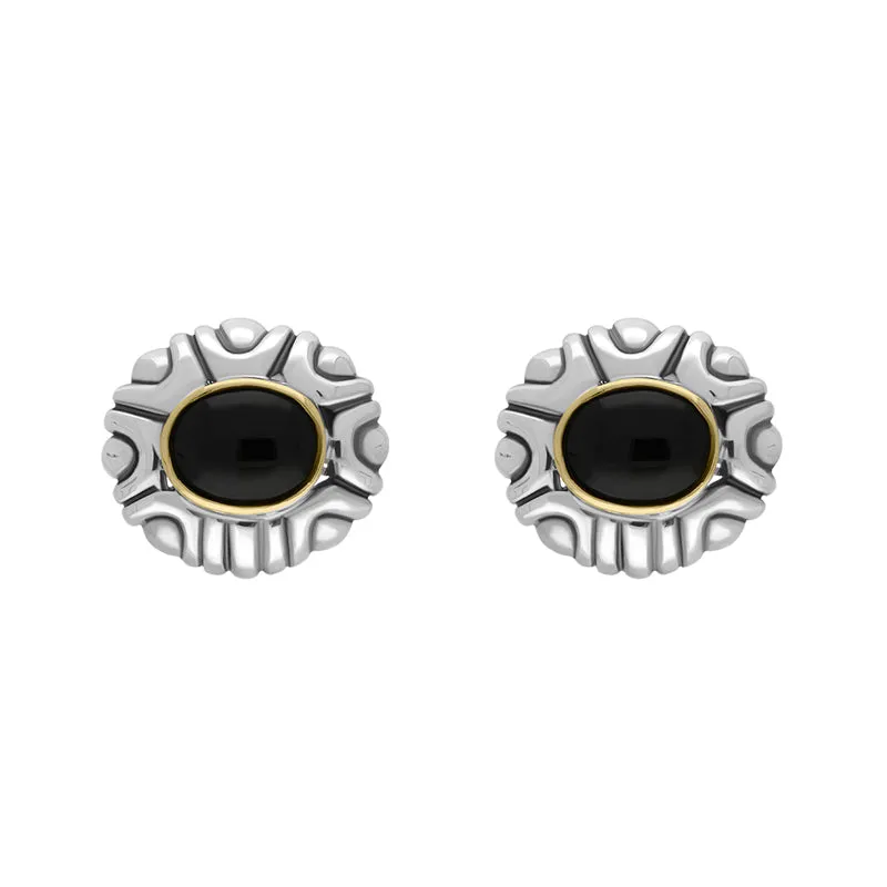 Sterling Silver Whitby Jet Oval Ribbed Omega Clip Earrings D