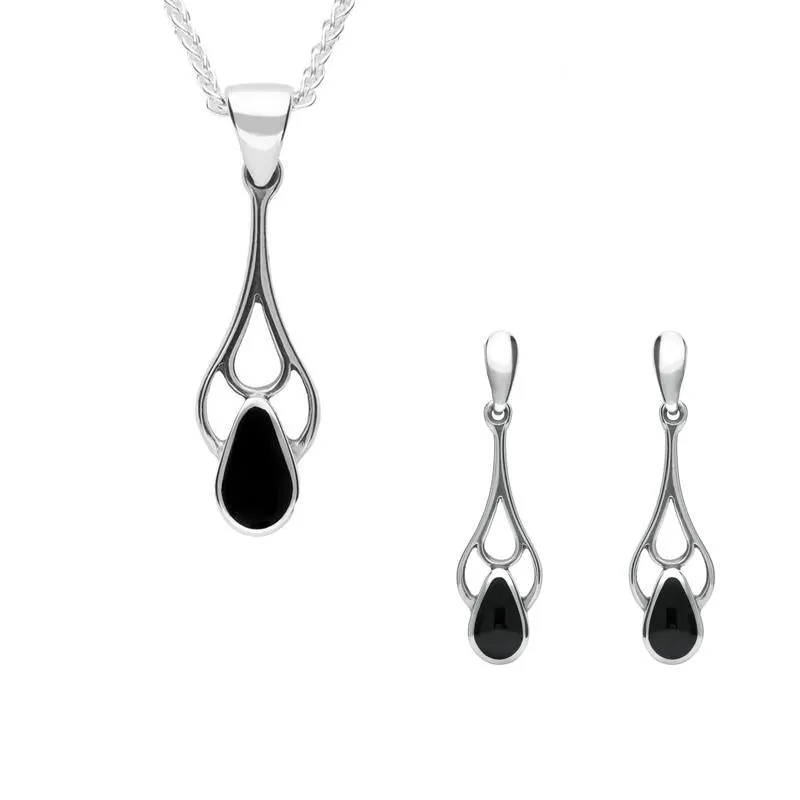 Sterling Silver Whitby Jet Pear Shaped Spoon Necklace and Earring Set