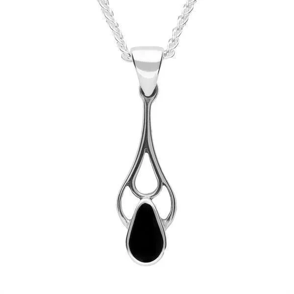 Sterling Silver Whitby Jet Pear Shaped Spoon Necklace and Earring Set