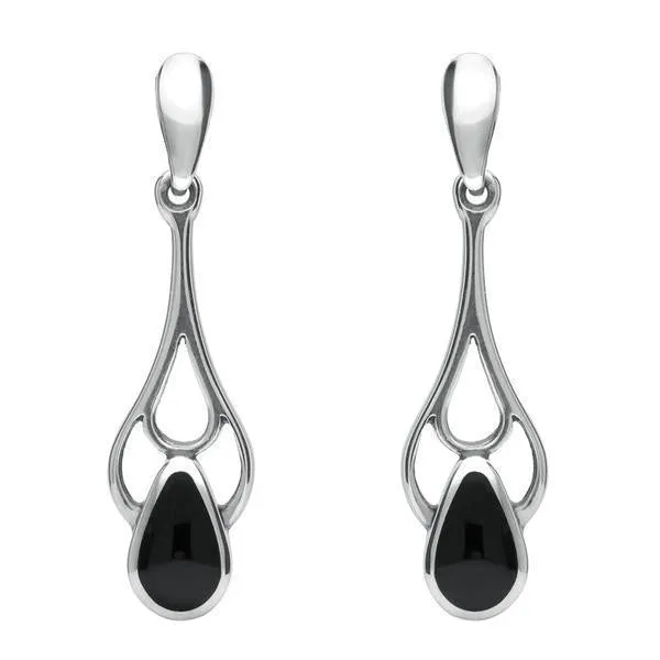 Sterling Silver Whitby Jet Pear Shaped Spoon Necklace and Earring Set