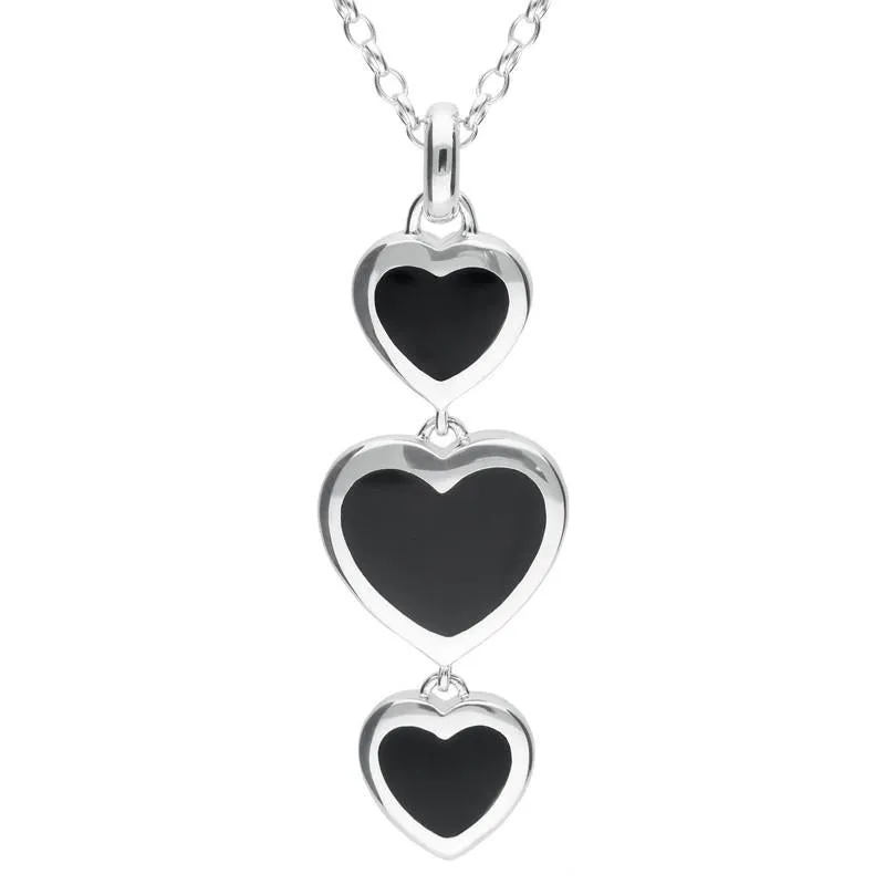 Sterling Silver Whitby Jet Triple Heart Drop Necklace
