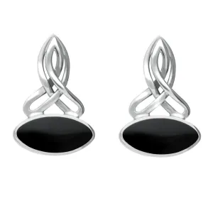 Sterling Silver Whitby Jet Wide Marquise Celtic Stud Earrings