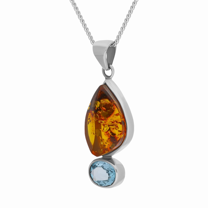 Sterling Silver Amber Blue Topaz Marquise Drop Necklace