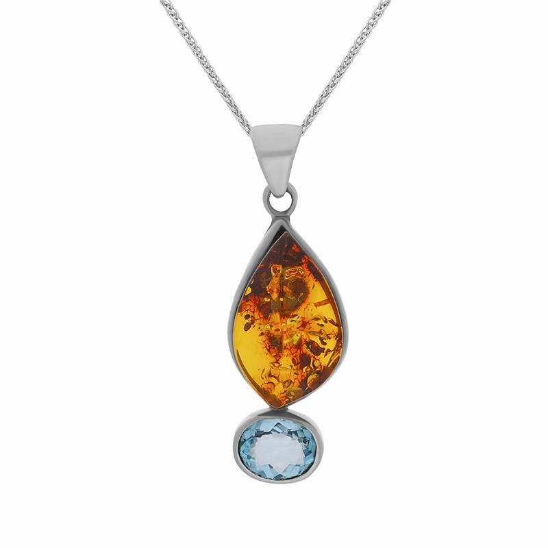 Sterling Silver Amber Blue Topaz Marquise Drop Necklace