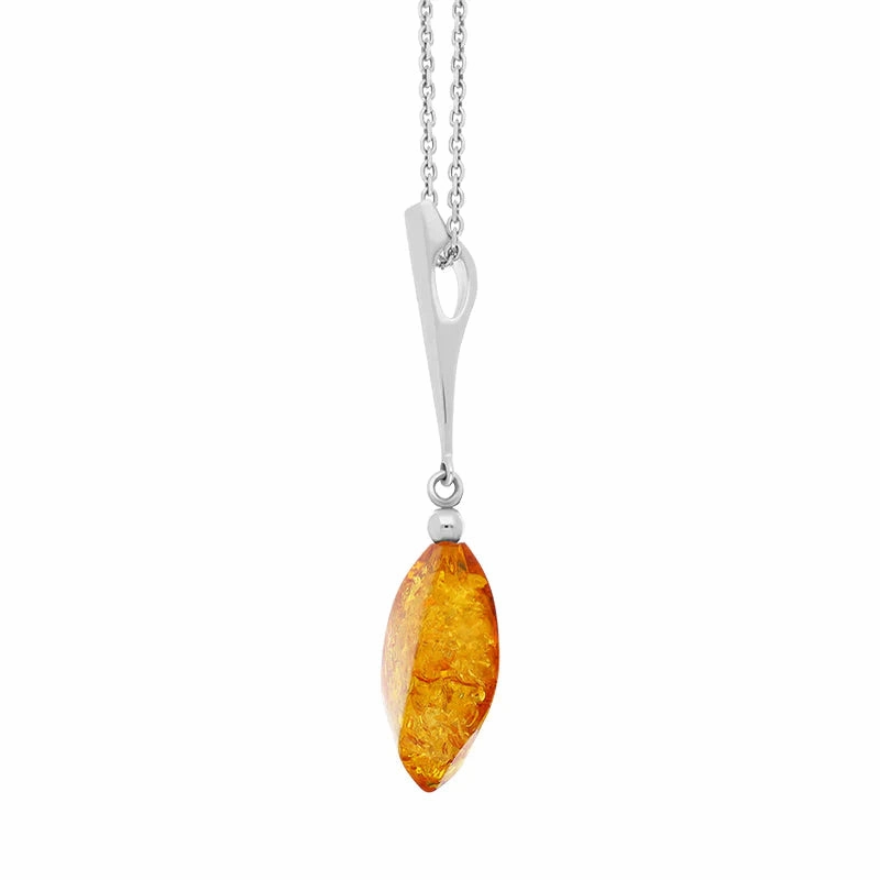 Sterling Silver Amber Long Pear Shaped Drop Necklace