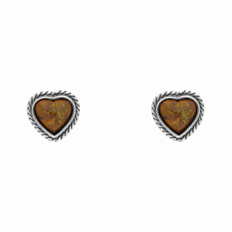 Sterling Silver Amber Rope Edge Heart Stud Earrings D