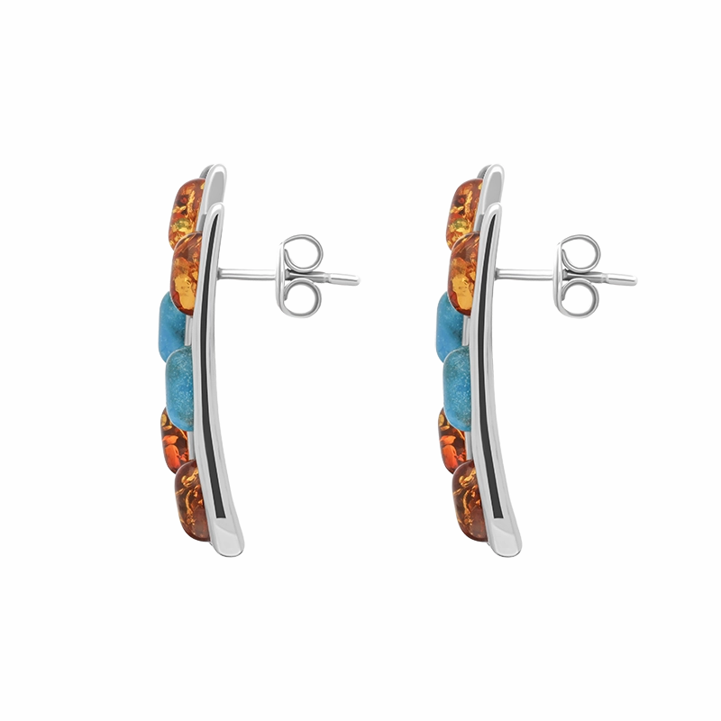 Sterling Silver Amber Turquoise Wavy Six Stone Stud Earrings D