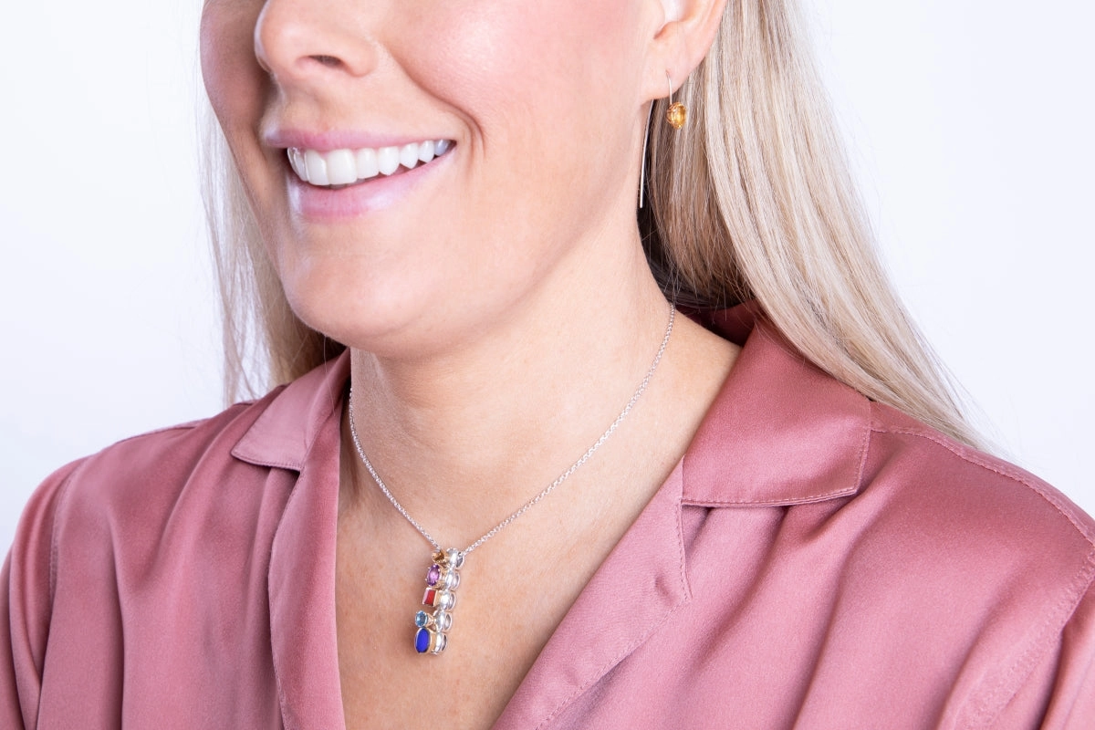 Sterling Silver Blue Goldstone Topaz Whitby Jet Amethyst Turquoise Stepping Stones Five Charm Necklace