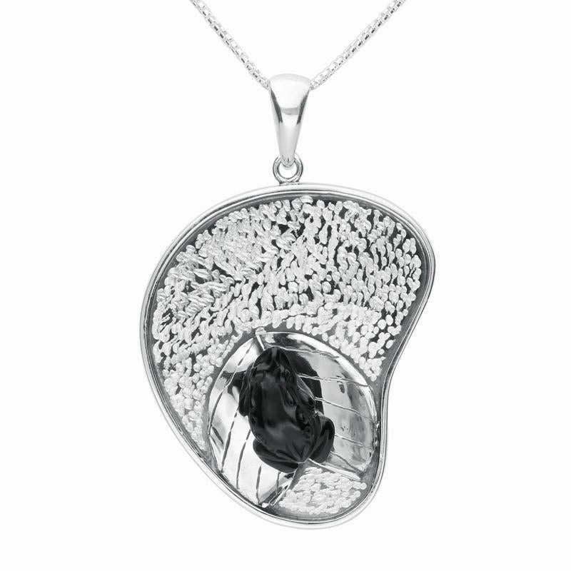 Sterling Silver Whitby Jet Carved Frog On Leaf Necklace