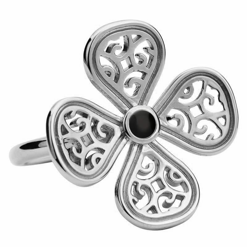 Sterling Silver Whitby Jet Flore Four Petal Filigree Ring