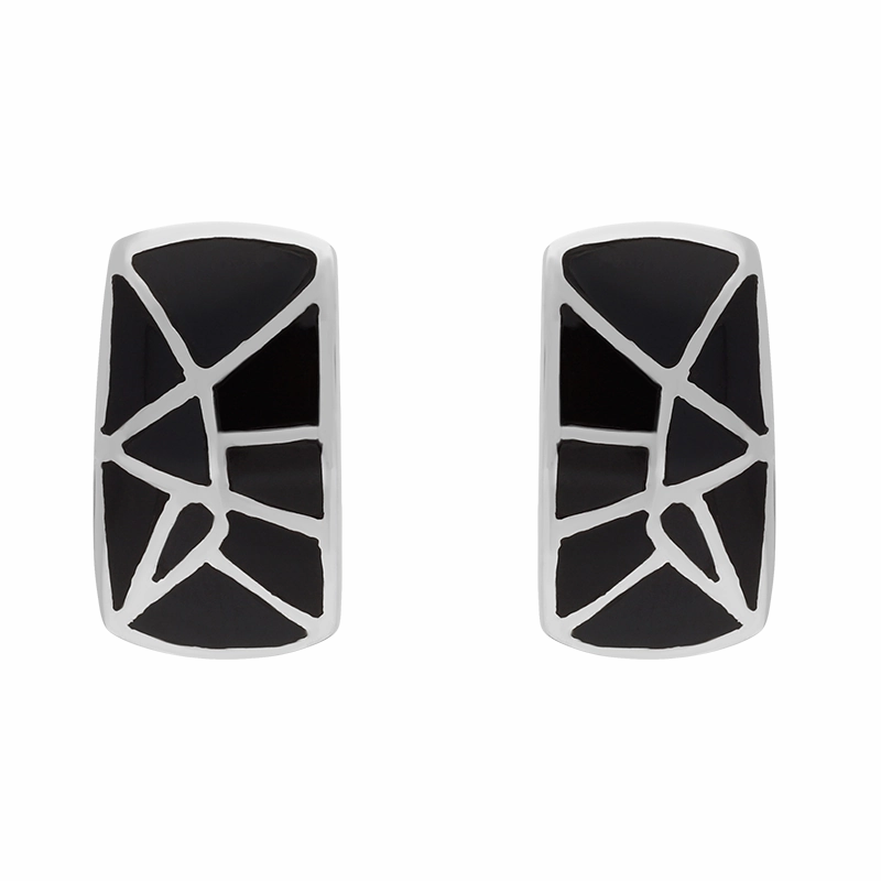 Sterling Silver Whitby Jet Inlaid Abstract Curved Oblong Stud Earrings