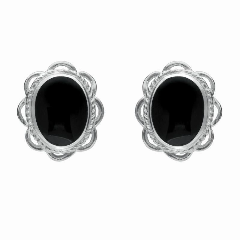 Sterling Silver Whitby Jet Large Rope Oval Frill Stud Earrings