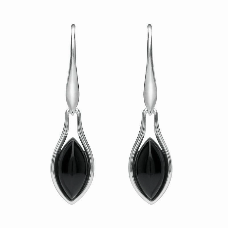 Sterling Silver Whitby Jet Marquise Part Set Drop Earrings