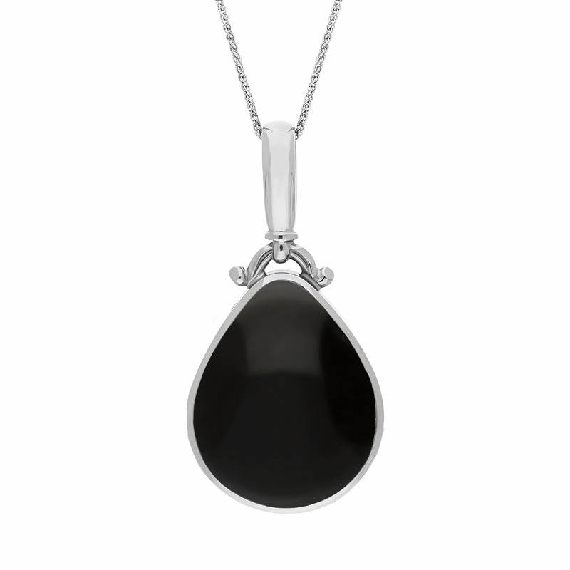 Sterling Silver Whitby Jet Mother of Pearl Double Sided Pear Fob Necklace