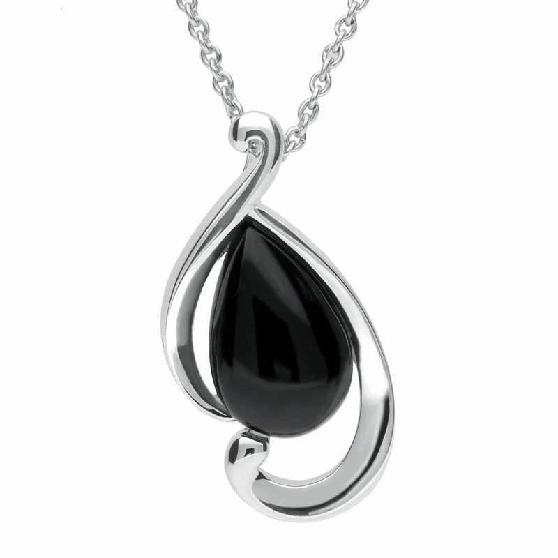 Sterling Silver Whitby Jet Open Fancy Pear Necklace
