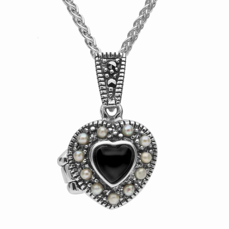 Sterling Silver Whitby Jet Pearl Small Bead Edge Heart Locket