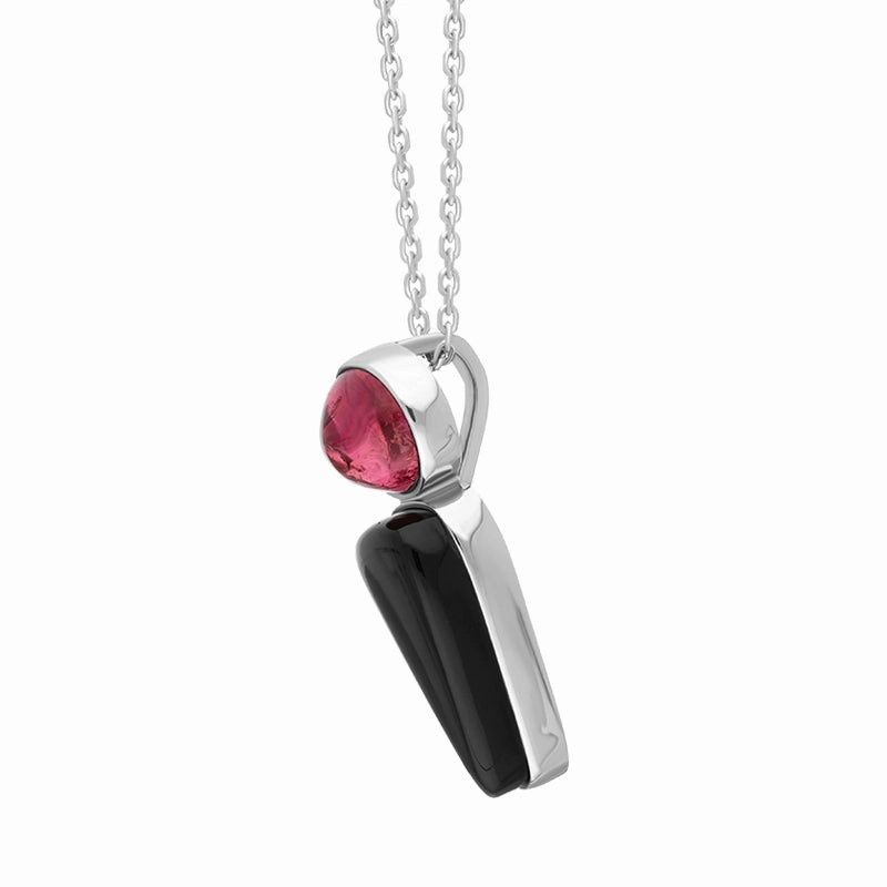 Sterling Silver Whitby Jet Pink Tourmaline Triangle Oval Two Stone Necklace
