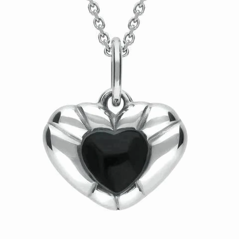 Sterling Silver Whitby Jet Ridged Heart Necklace