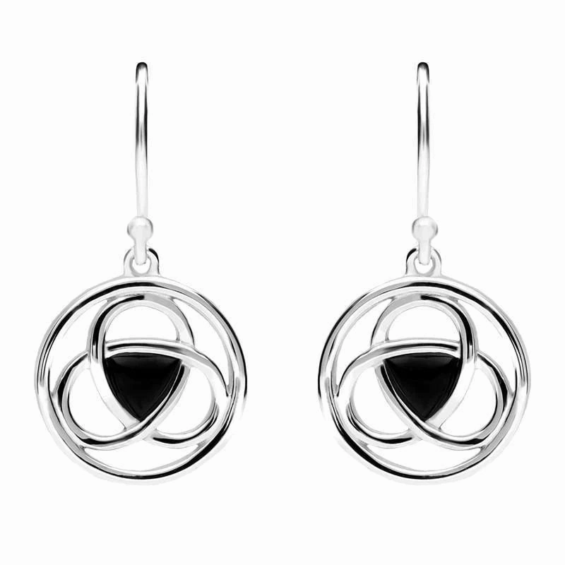 Sterling Silver Whitby Jet Round Celtic Knot Hook Earrings