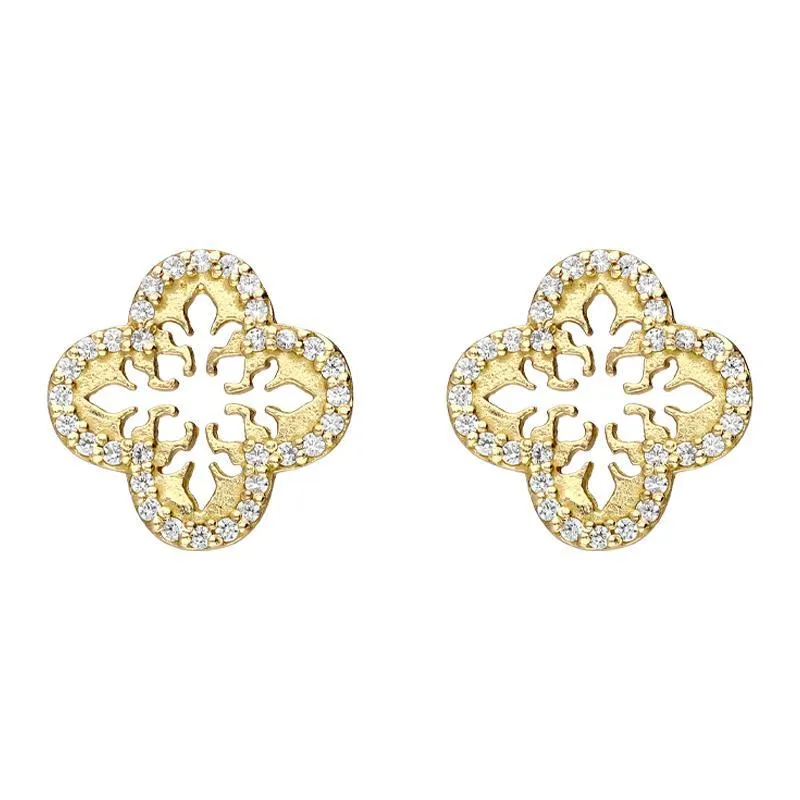 Sylva Yellow Gold Sterling Silver Plated Decorative Cross Stud Earrings