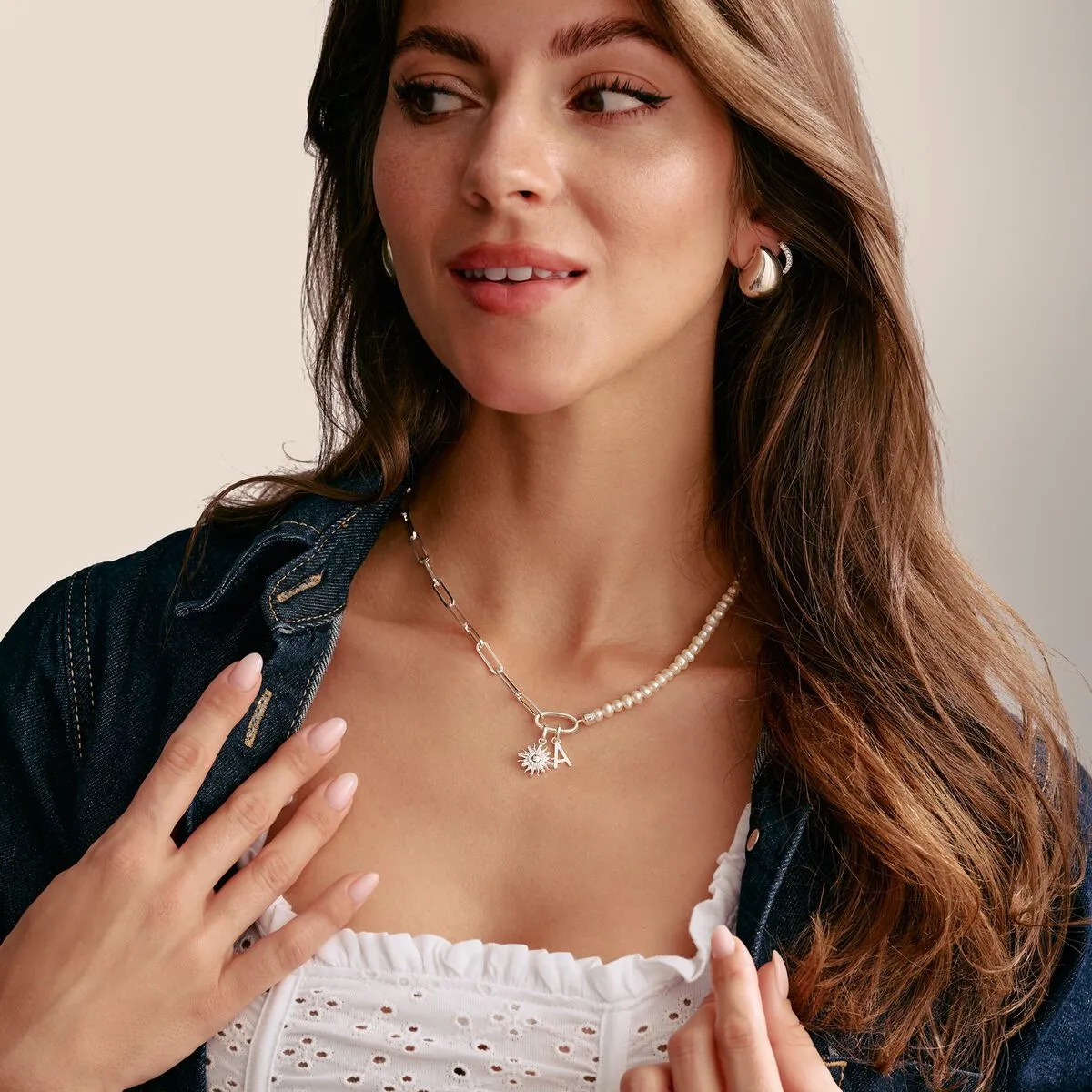Thomas Sabo Sterling Silver Paperclip and Pearls Connect Link Necklace