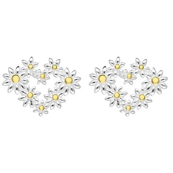 Yellow Gold Plated Sterling Silver Daisy Heart Shaped Stud Earrings