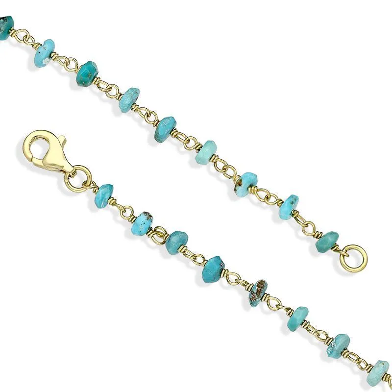 Yellow Gold Plated Sterling Silver Turquoise 4mm Bead Chain Link Bracelet